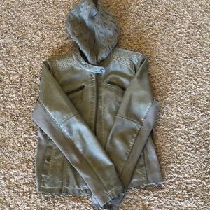 Faux leather jacket with removable knit hood!